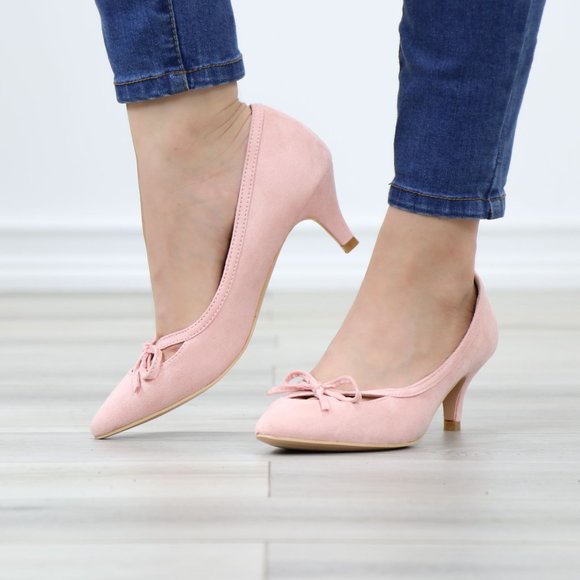 Pink Bow Vintage Style Pointed Toe Faux Suede Kitten Low Heel Shoes - Picture 12 of 13